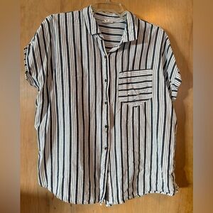 a.n.a Navy and White Striped Button-Up Blouse